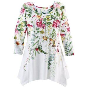 New XXL White Sparkling Floral Cascade Hummingbird Shark Bite Knit Tunic